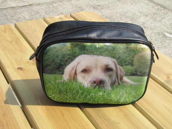 Black wash bag with a photo of a dog lying on grass