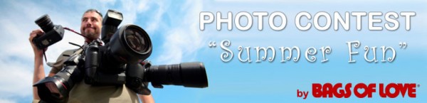 A man holding several cameras next to the summer fun photo contest logo and man 