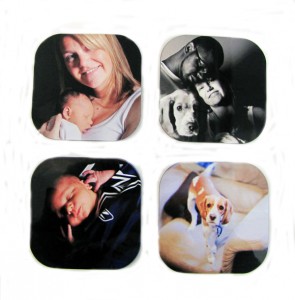 4 photo coasters with a ride range of photos with babies and dogs