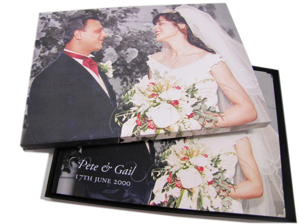 Photo book with wedding photo cover in presentation box