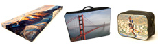 Mountains on photo canvas, bridge on laptop bag and a man skiing on wash bag