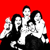 Four people in black and white on a red background