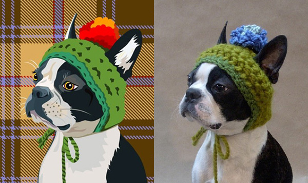 dog custom portrait A cartoon image and a photo of a dog with a hat on