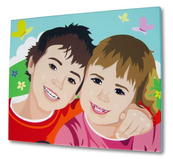 Boy and girl on a photo canvas print in cartoon style