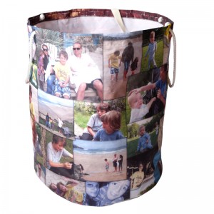 Open laundry bag with a photo montage on it