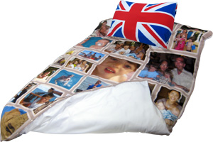 Duvet cover with photo montage and pillow with the union jack flag
