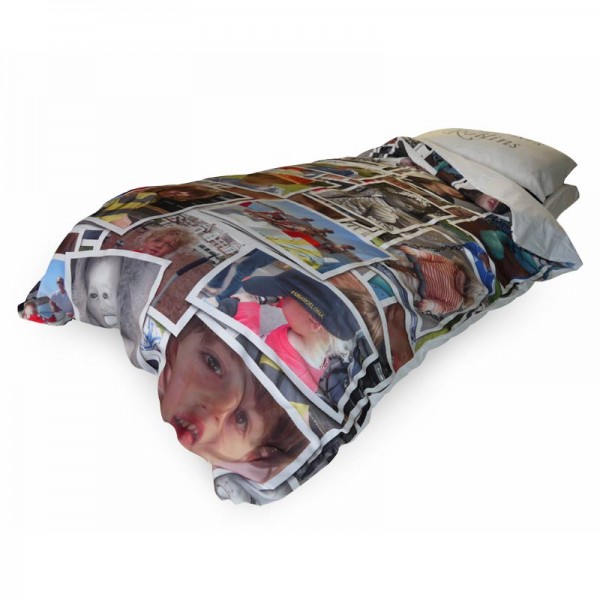 Duvet cover with photo montage on a bed