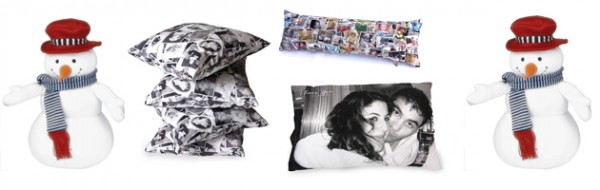 personalised cushions Assoted photo cushions next to two cartoon snowmen