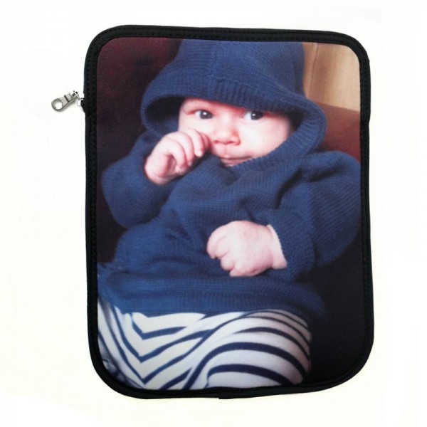 Baby in a blue hoodie on the cover of an iPad case