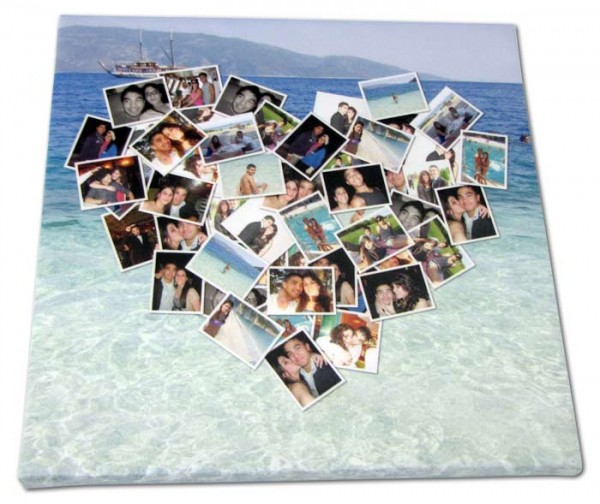Photos collected in the shape of a heart with a beach photo background on a canvas print