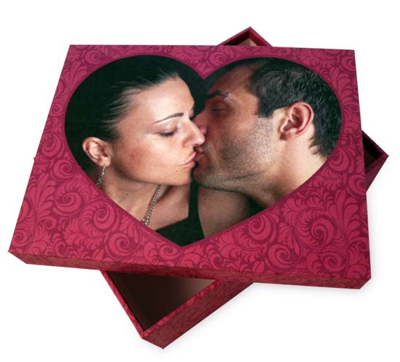 personalised box of love photo box with pink pattern and heart shaped photo