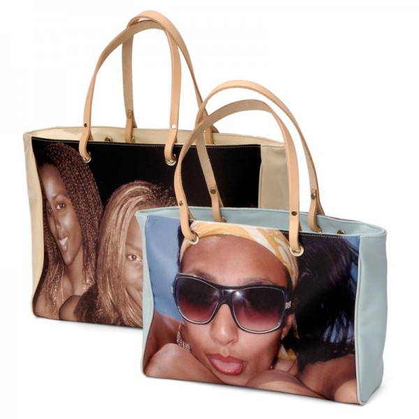 Two handbags with photos of women