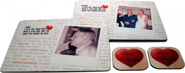 Two placemats with photos and text and two coasters with red hearts and text