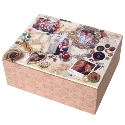 Beige jewellery box with pattern on the bottom and a scrapbook cover