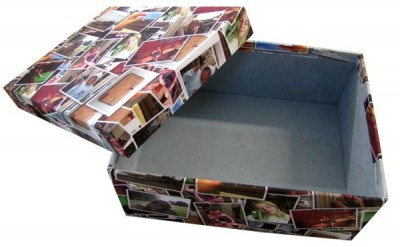 Box with photo montage exterior and baby blue interior