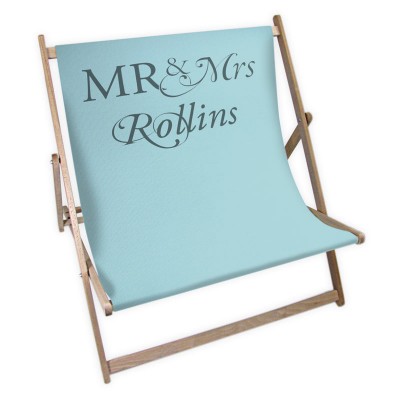 Light blue seat deckchair with Mr and Mrs Rollins written on it