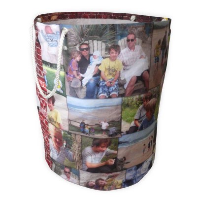 Laundy basket printed with family photos and handles on each side
