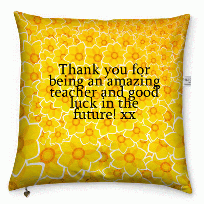 Yellow flower pattern cushion with black text on it