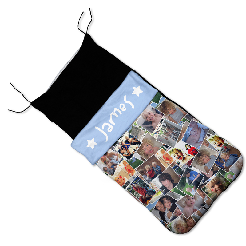 Buggy bag of love A photo montage and the text "James" on a black buggy bag of love