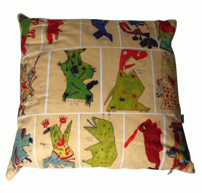 Small colourful drawings put together on a cushion