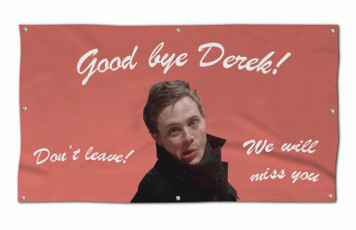 Outdoor banner Good bye text and a man on a pink banner