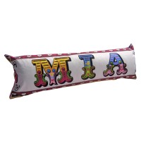 Mia written in colourful letters on a bolster cushion