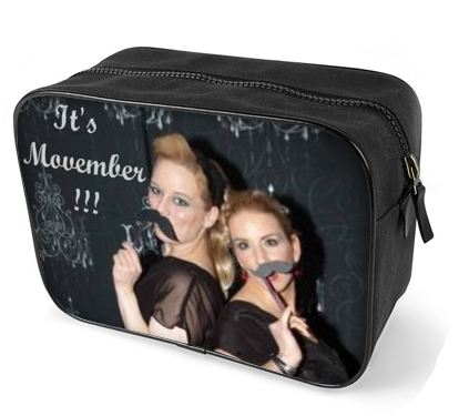 Wash bags for men with an image of two girls with fake moustaches