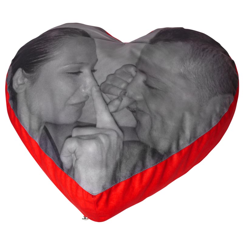 Romantic with meaningful photo gifts pillow of love with nose touching couple