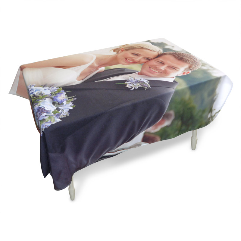 personalised table cloth with image of a wedding couple