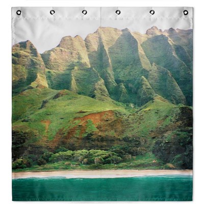 personalised photo shower curtain with an image of a lake and mountains