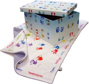 handprints footprints on blanket and box