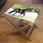 Wooden fold up chair with horse printed on seat