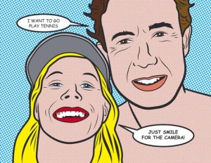 Man and woman with speech bubbles in Lichtenstein artwork