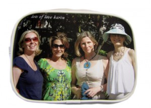 Four women on an ivory make-up bag