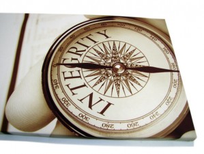 Man holding a clock on a photo canvas