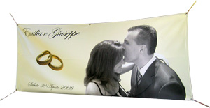 Couple, wedding rings and text on a custom banner