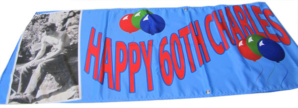 "Happy 60th Charlies", photo and balloons printed on a banner innovative birthday gift ideas