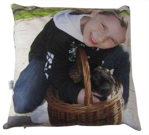 Girl and a rabbit in a basket on a cushion