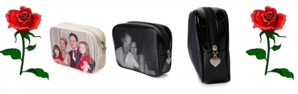 Three make-up bags with different photos next to two cartoon roses