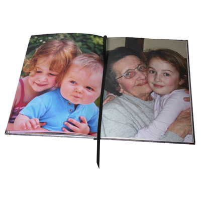 Woman and grandchild on two pages of an open photo book