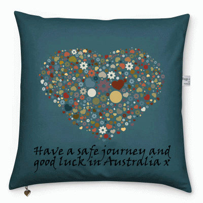 Heart pattern and text on a blue cushion