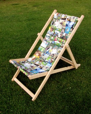 A photo montage deckchair standing on grass