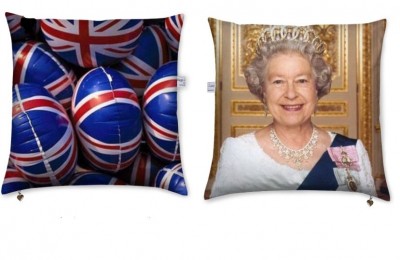 photo cushions with image of queen elizabeth II. and ballons with union jack