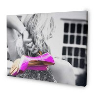 black and white canvas art with colour splash, woman with pink shoes