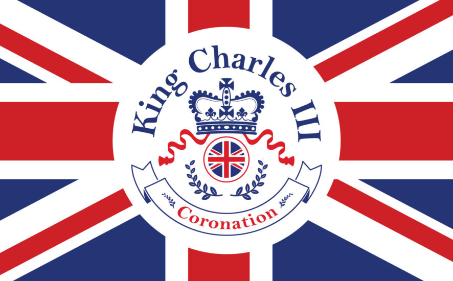 British flag with King Charles coronation text written