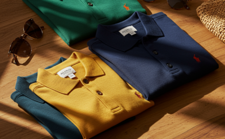 Collection of vibrant, eco-friendly polo shirts neatly arranged on a wooden surface