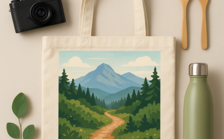 Eco-conscious photo gifts including a tote bag with a hiking trail photo