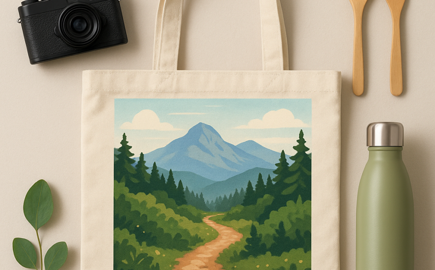Eco-conscious photo gifts including a tote bag with a hiking trail photo