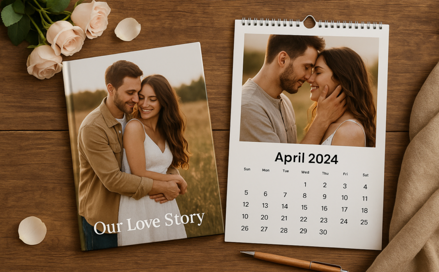 Personalised photo book and custom calendar displayed on a rustic wooden surface