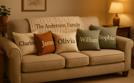 Living room sofa with personalised cushions and a blanket